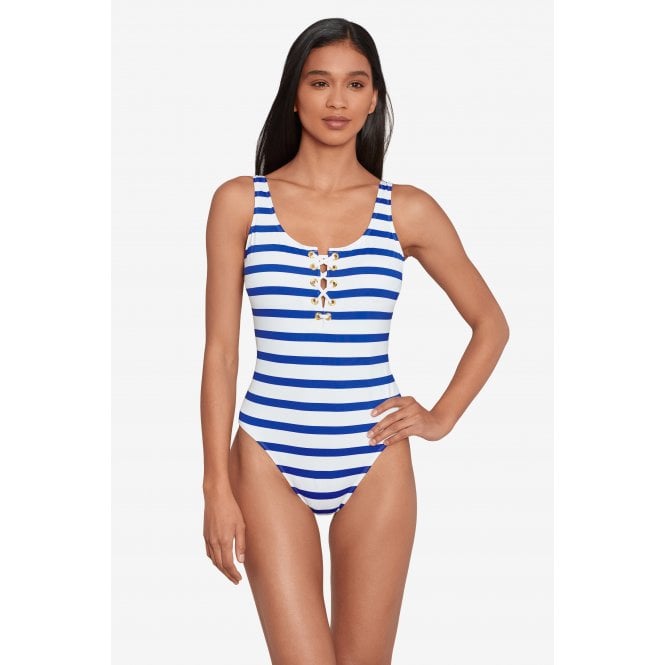  Port Side Stripe Lace Front Swimsuit